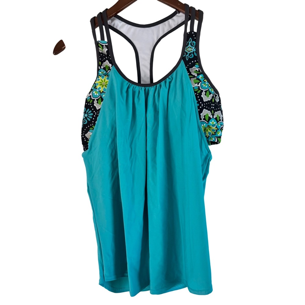 Swim Tankini‎ Top Floral Print Shelf Bra Swimsuit Top Turquoise Blue M